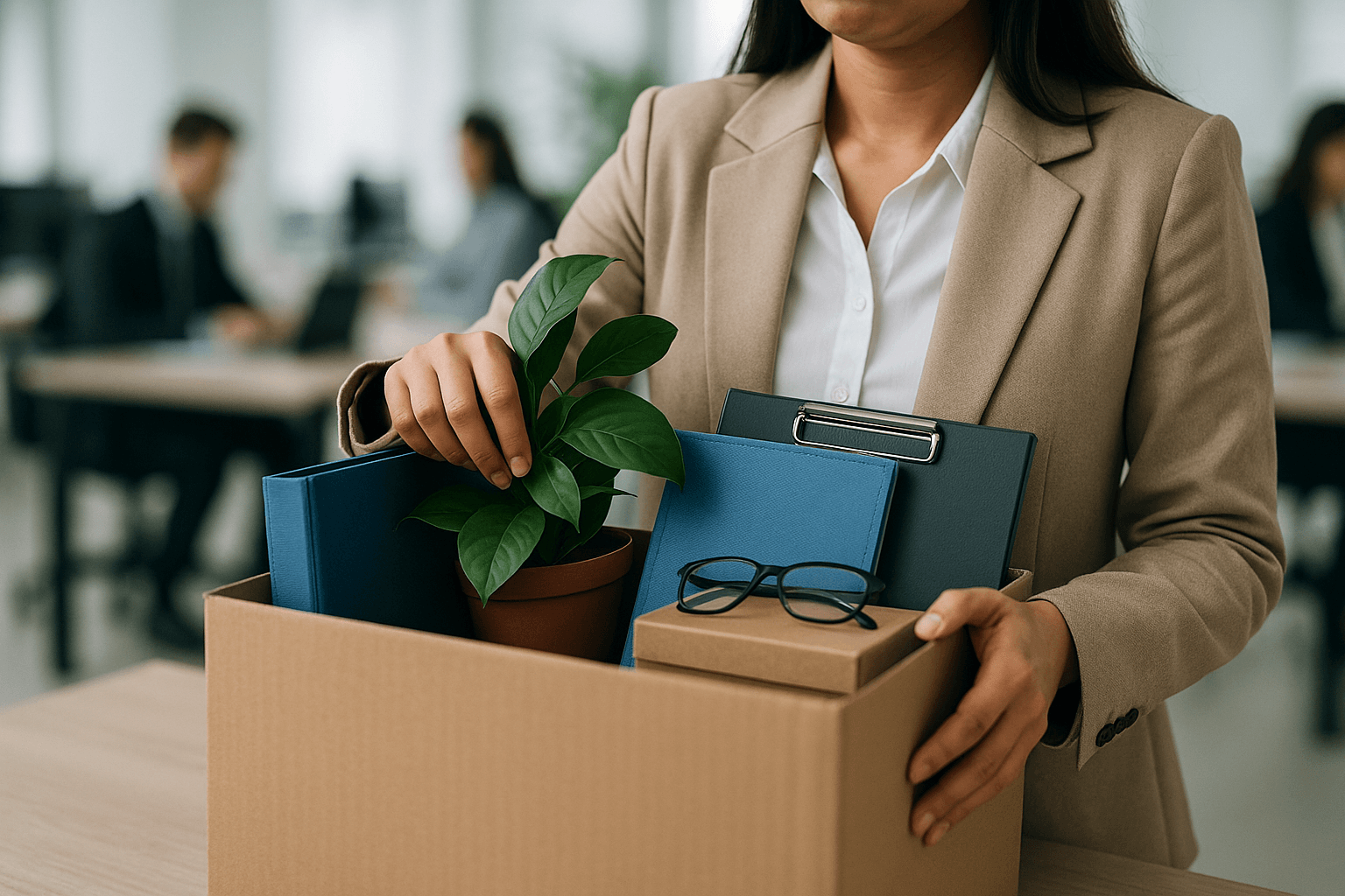 Eine Mitarbeiterin packt ihren Karton im Büro